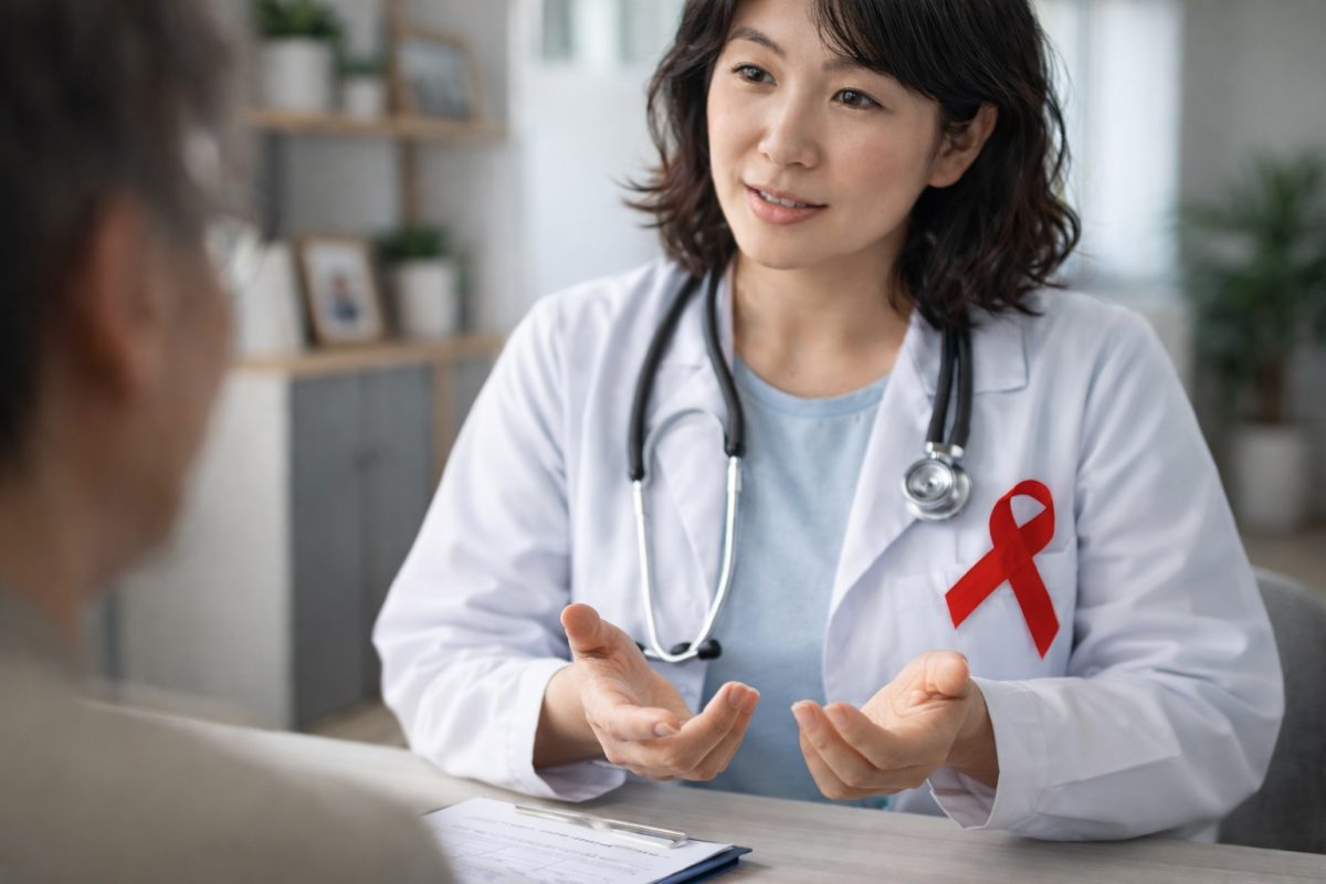 Doctor with red ribbon explaining HIV to patient, representing awareness, testing, and understanding HIV and AIDS