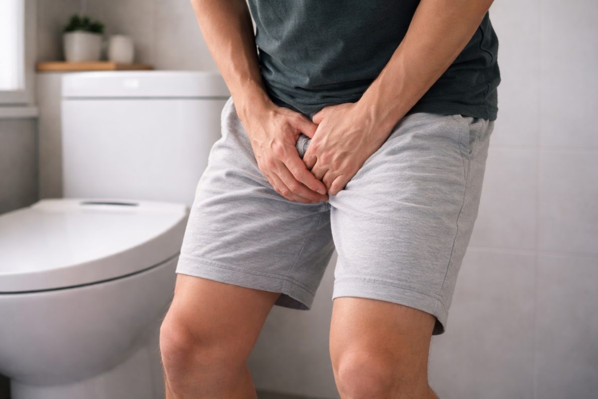 Man holding groin in discomfort near toilet, illustrating painful ejaculation or urinary symptoms affecting male health