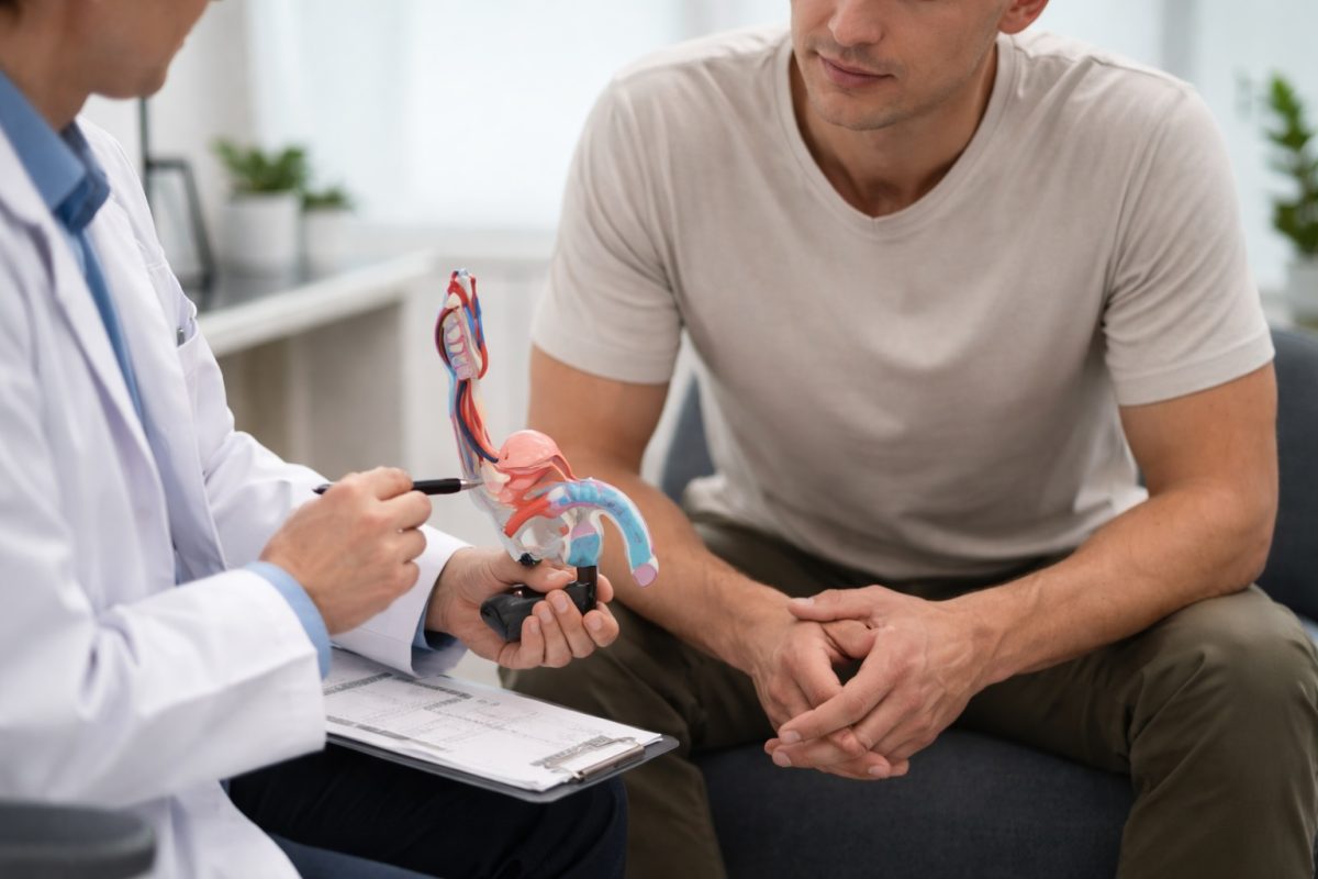 Doctor explaining male reproductive system model to patient, highlighting causes of painful ejaculation and prostate issues