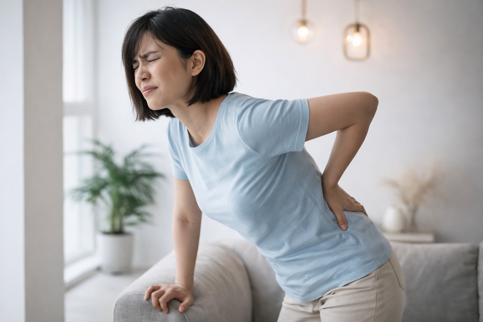 Woman experiencing lower back pain at home, showing common pelvic inflammatory disease or reproductive health symptoms