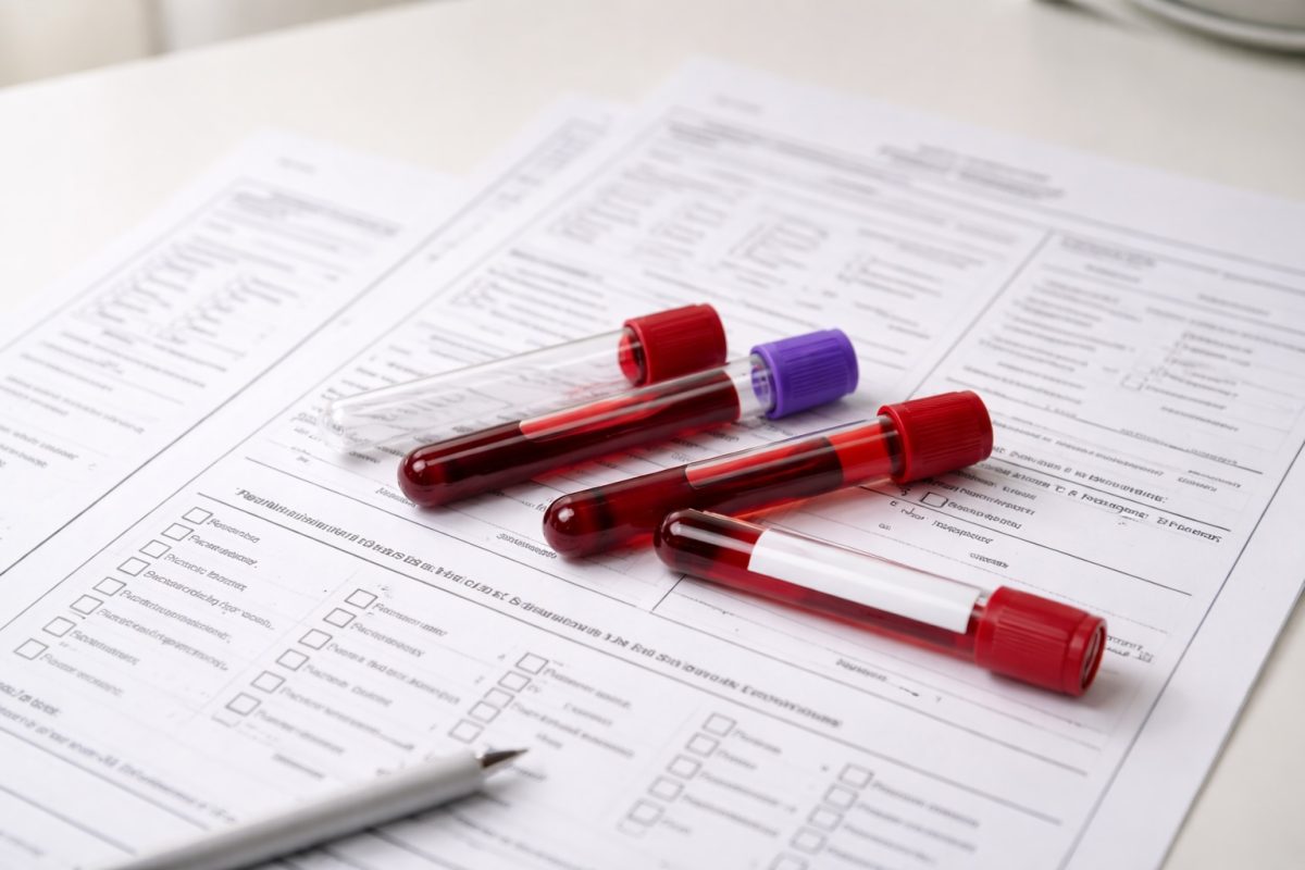 Blood sample tubes on medical forms, representing laboratory STD testing, diagnosis, and health screening procedures