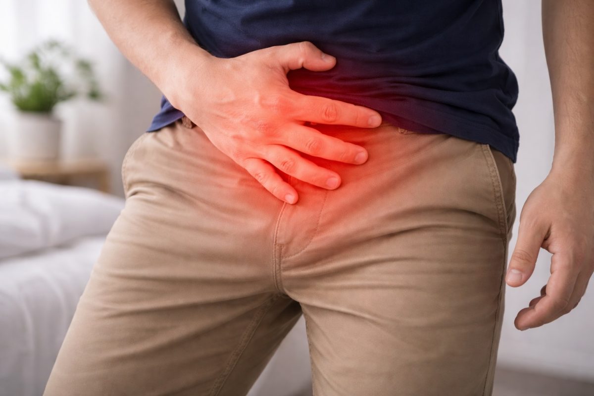 Man holding groin with highlighted pain area, representing possible STD symptoms or genital discomfort requiring testing