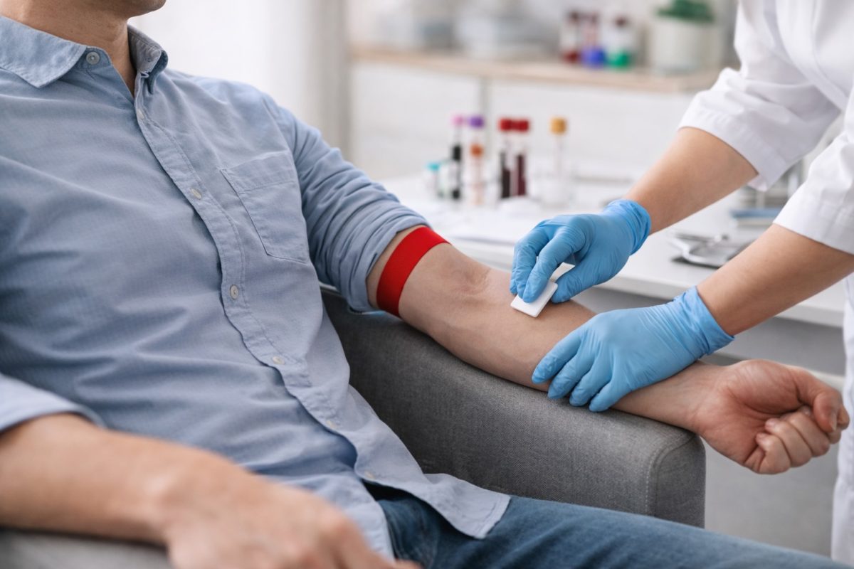 Healthcare professional drawing blood from a patient for STD testing, showing the screening process and medical evaluation