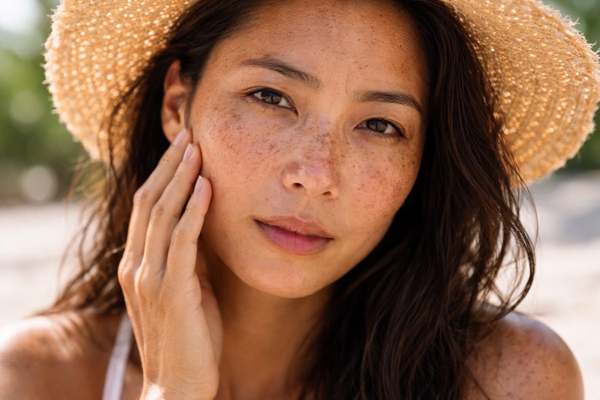 Asian woman with visible sun damage, freckles, and pigmentation on face under sunlight, showing effects of UV exposure