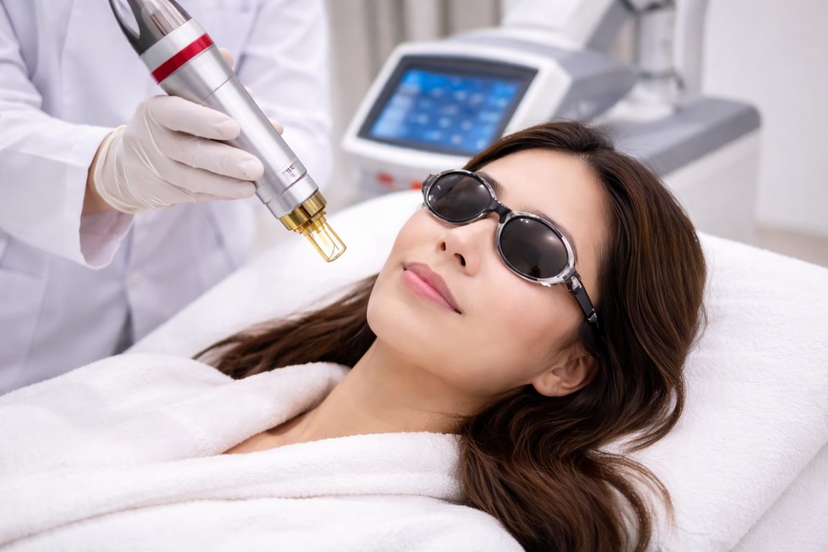 Woman receiving pico laser treatment for sun-damaged skin and pigmentation in an aesthetic clinic setting with protective eyewear