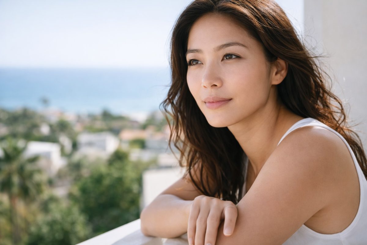 Asian woman with clear, radiant skin after sun damage treatment, showing smooth texture and even skin tone outdoors