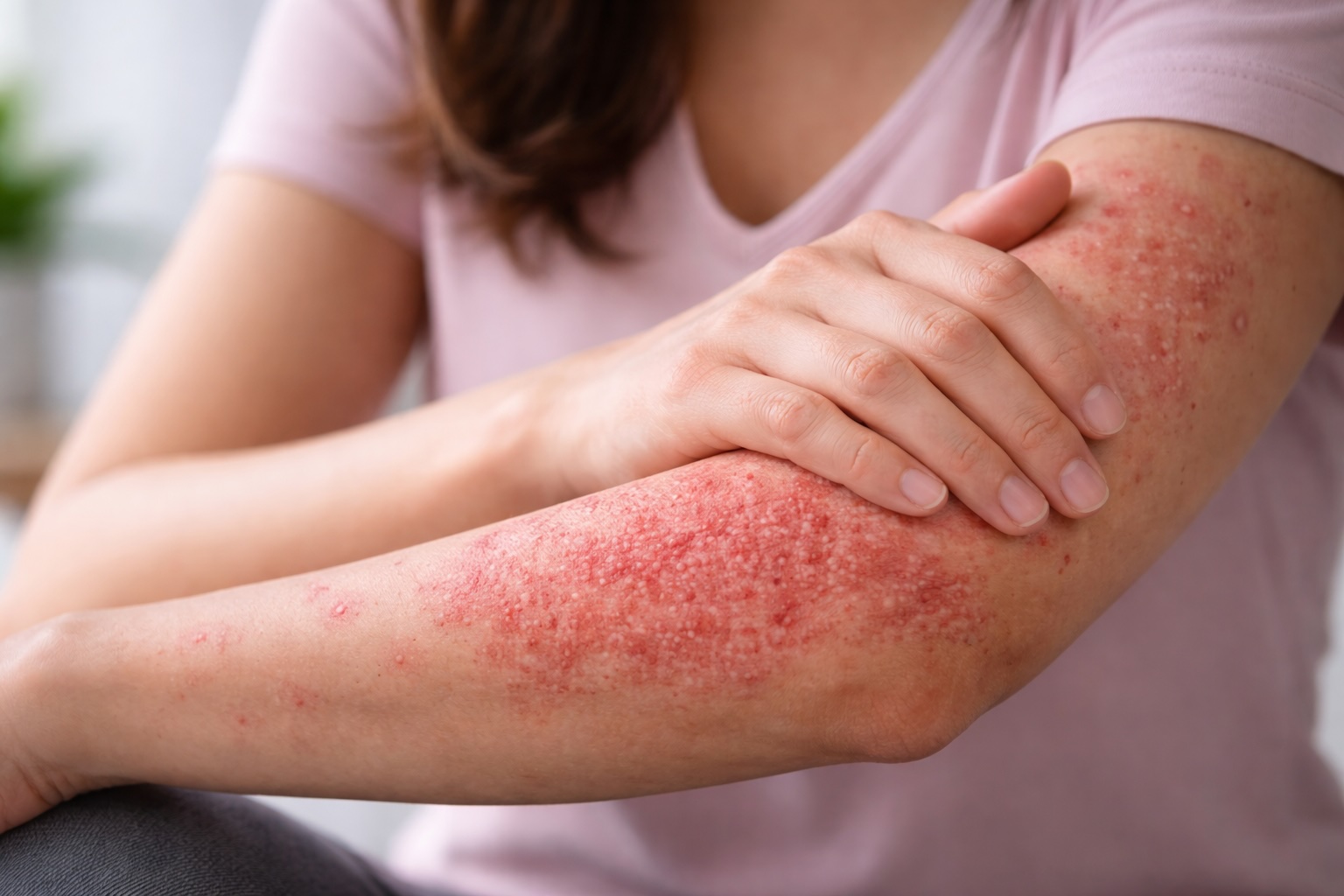 Skin rash on arm with redness and irritation, possible sign of STD-related symptoms or underlying infection