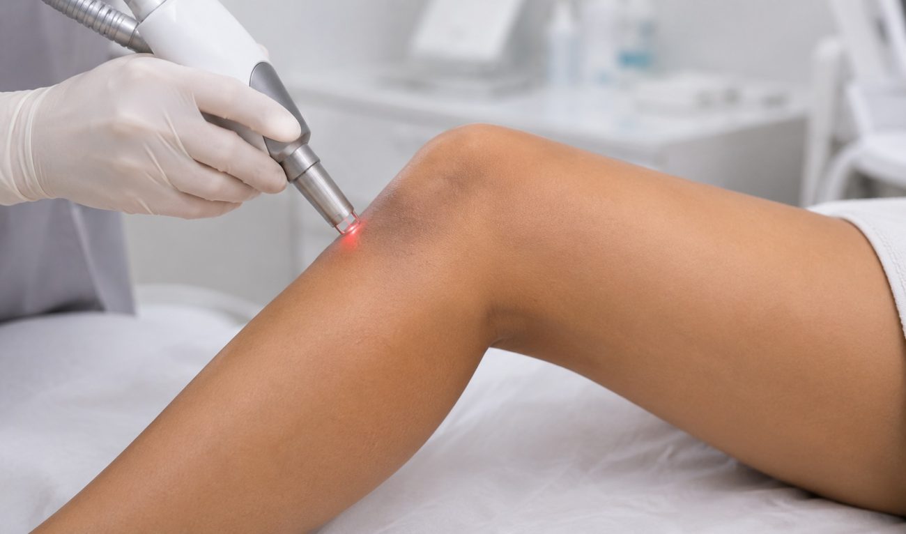 Laser treatment performed on darkened knee area to improve pigmentation, rough texture, and uneven skin tone