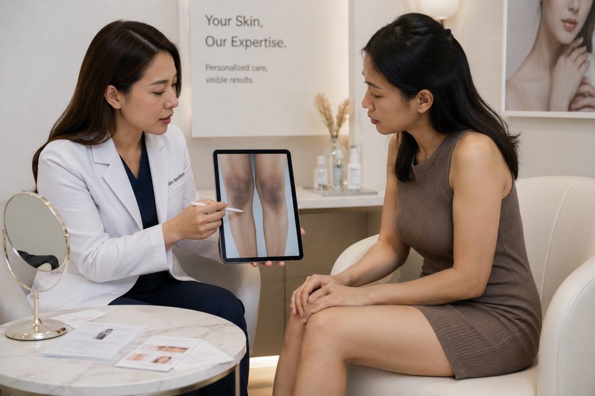 Woman consulting an aesthetic doctor about treatment options for dark knees and uneven skin pigmentation