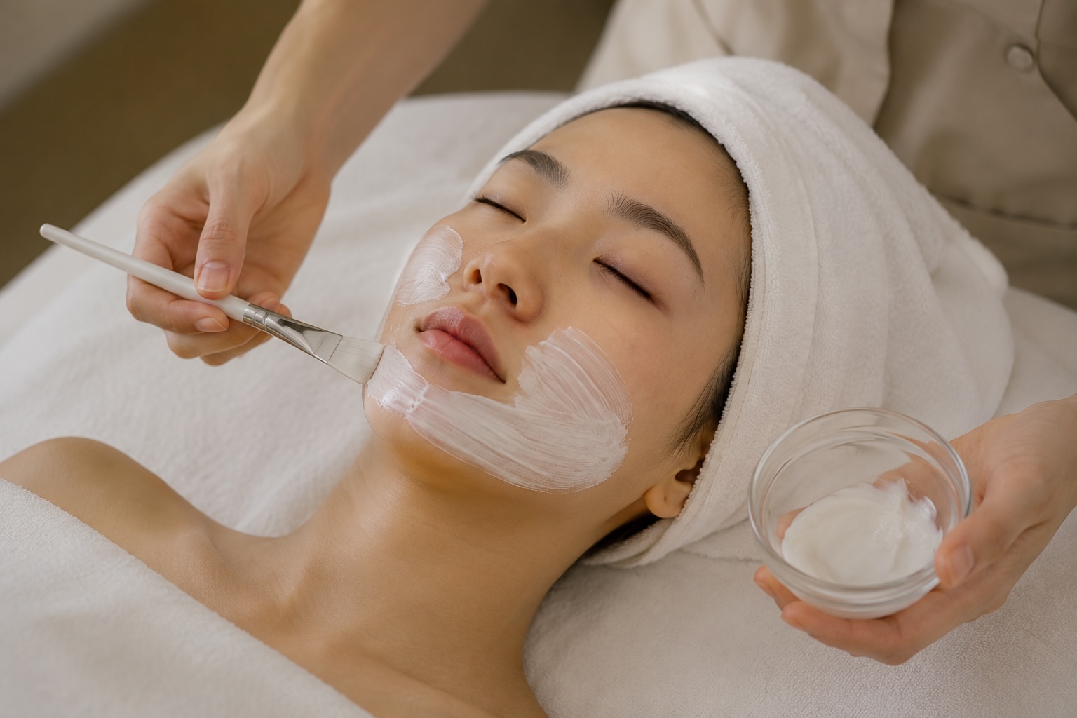 Woman receiving a hydrating facial treatment with cream mask application to improve dry skin