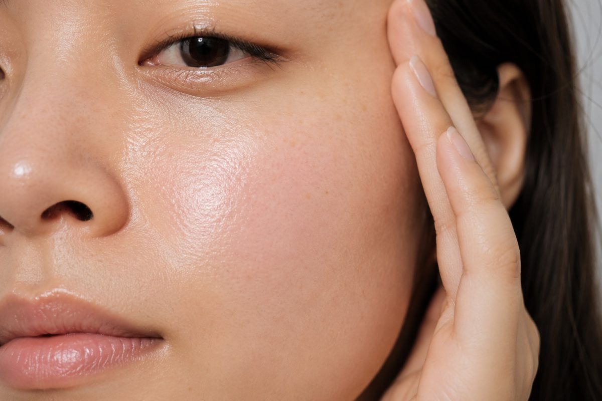 Close-up of hydrated, glowing skin with smooth texture and healthy complexion, after facial treatment