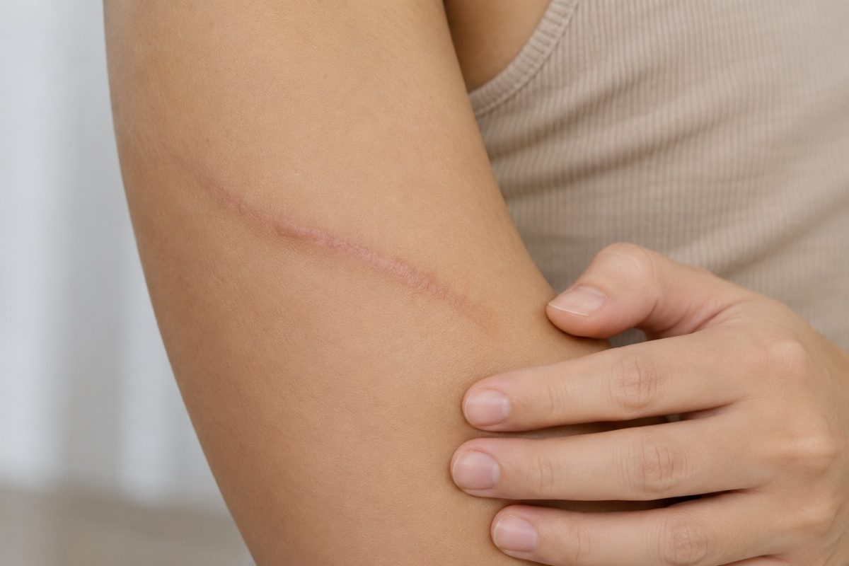 Close-up of healed linear injury scar on the forearm, showing visible scar texture and pigmentation after wound recovery