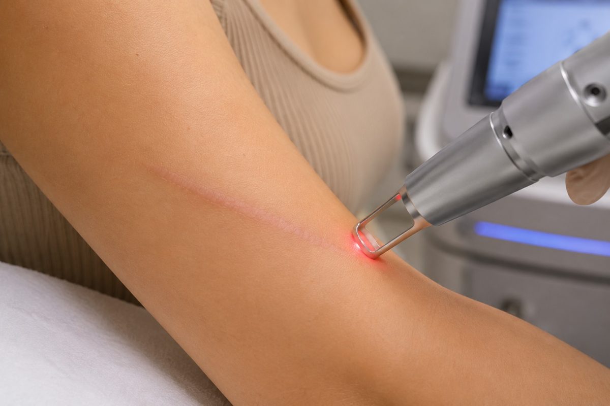 Close-up of laser treatment being performed on a healed injury scar to improve scar texture, redness, and appearance