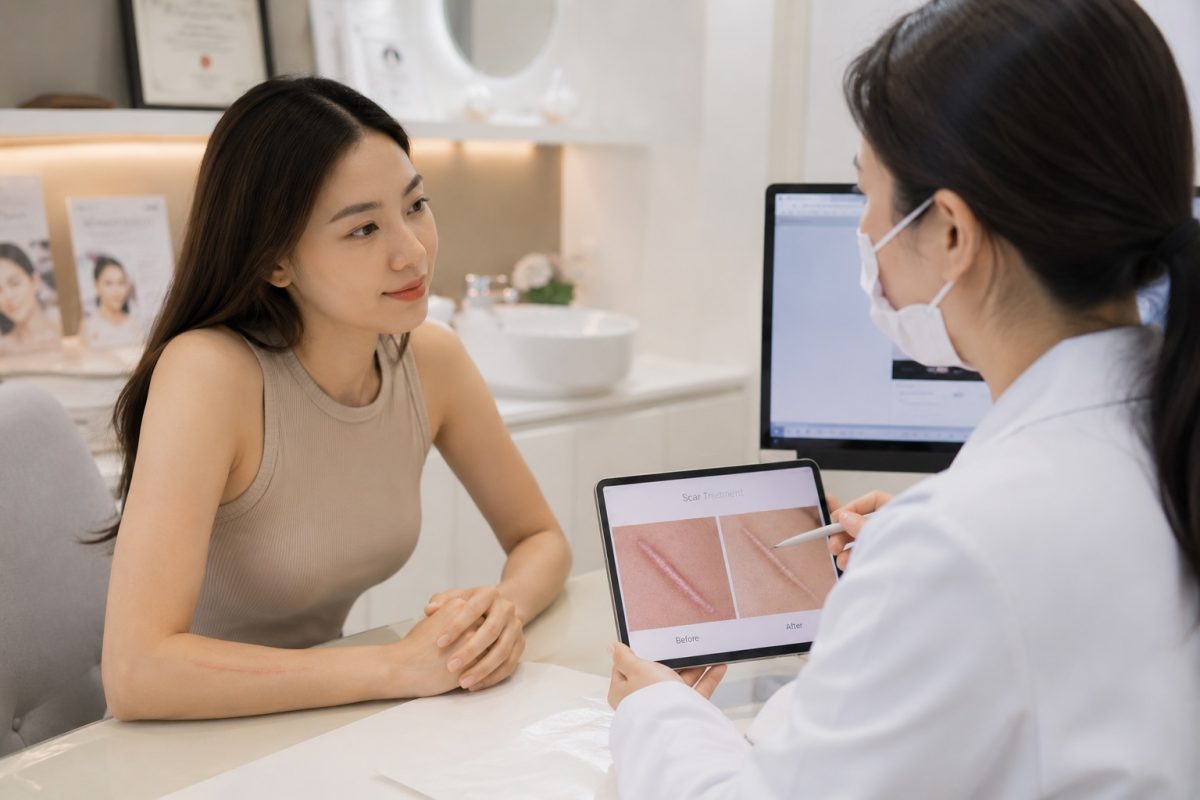 Asian woman consulting an aesthetic doctor about laser scar treatment options