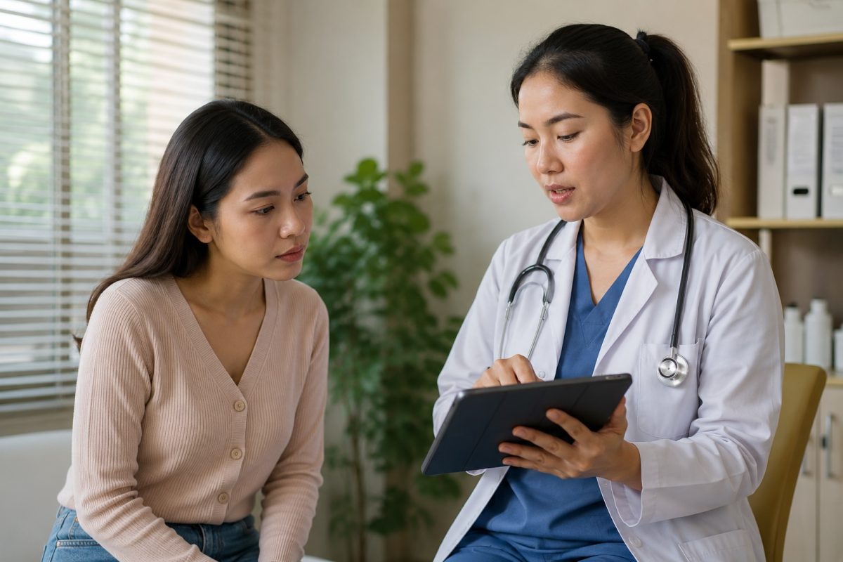 Female doctor explaining std screening results and treatment options during a private medical consultation.