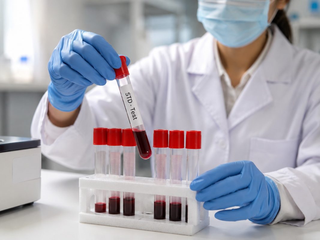 Laboratory technician handling blood samples for std test analysis and sexually transmitted infection screening.