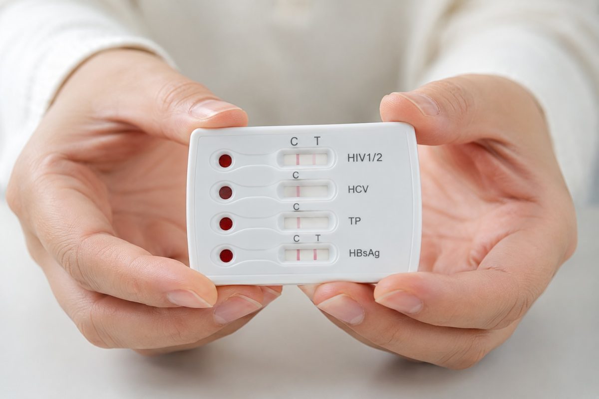 Rapid std test kit showing screening results for hiv, hepatitis, and sexually transmitted infections.