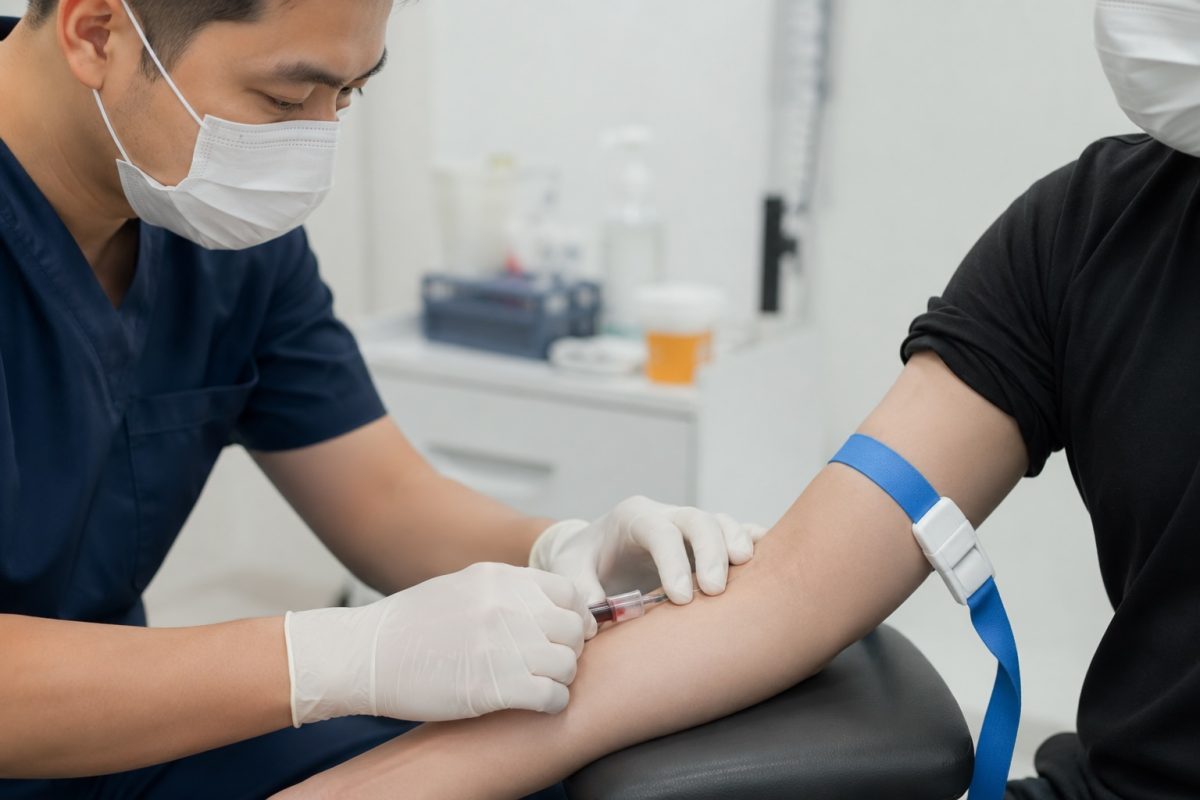 Healthcare professional performing blood draw for std testing during medical screening consultation.