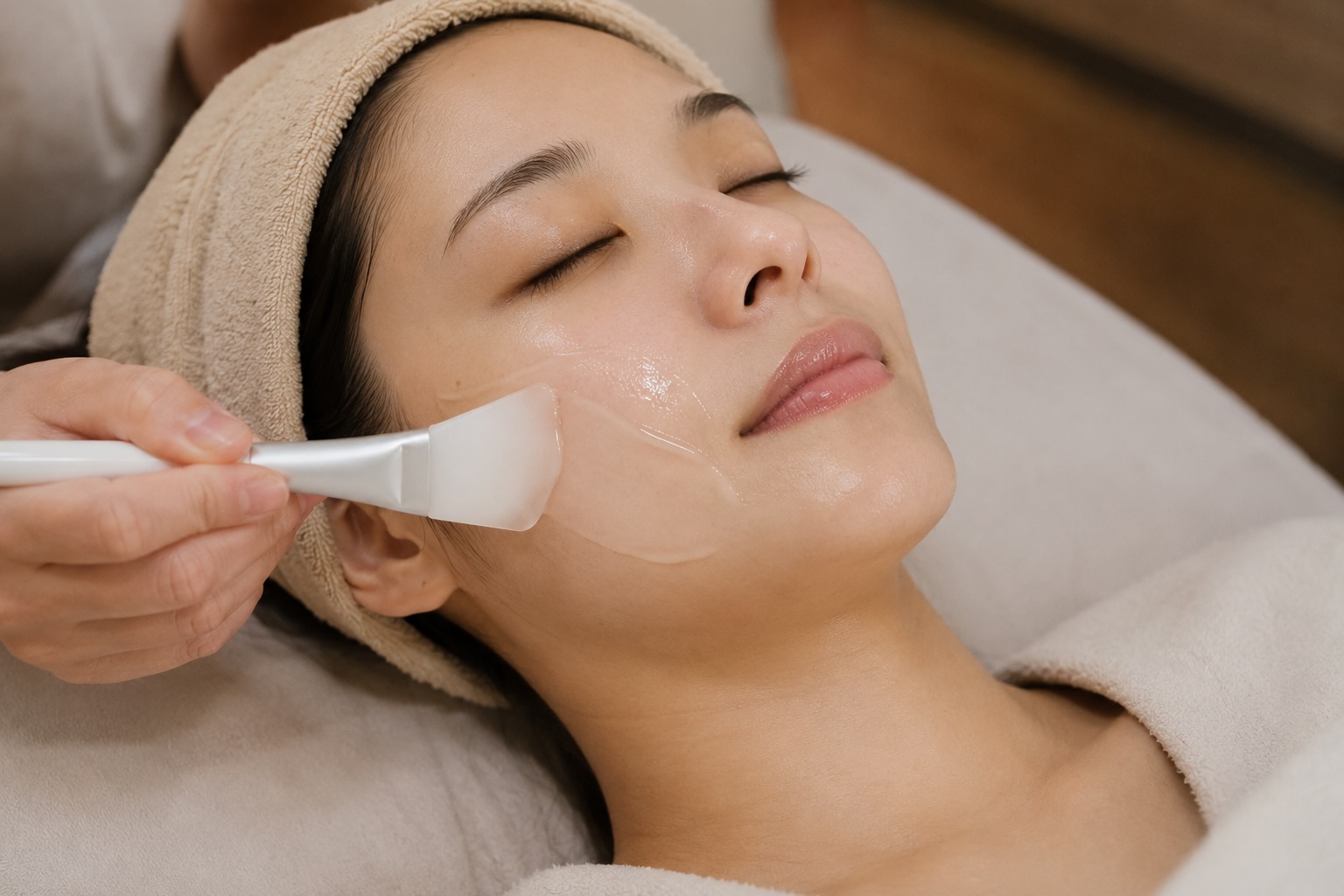 Woman receiving a professional chemical peel treatment to improve dull skin