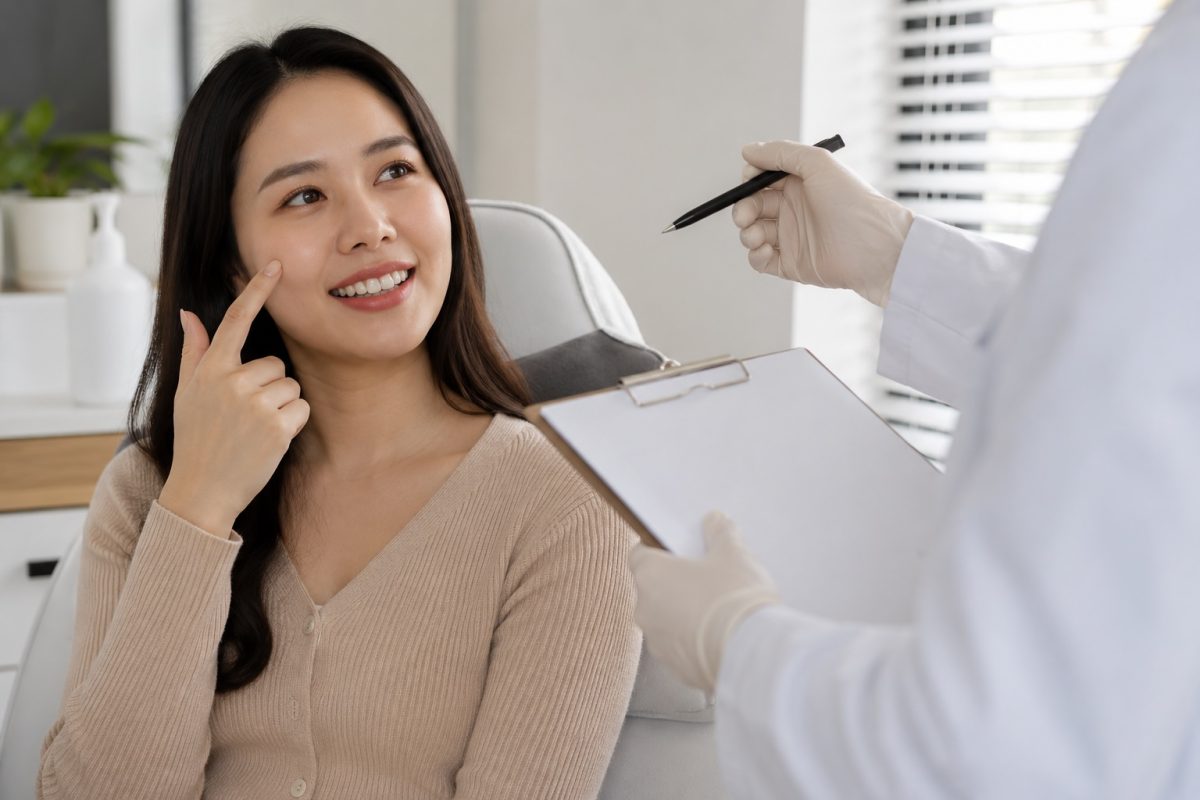Woman consulting a skin doctor about dry skin concerns and suitable facial treatments for hydration