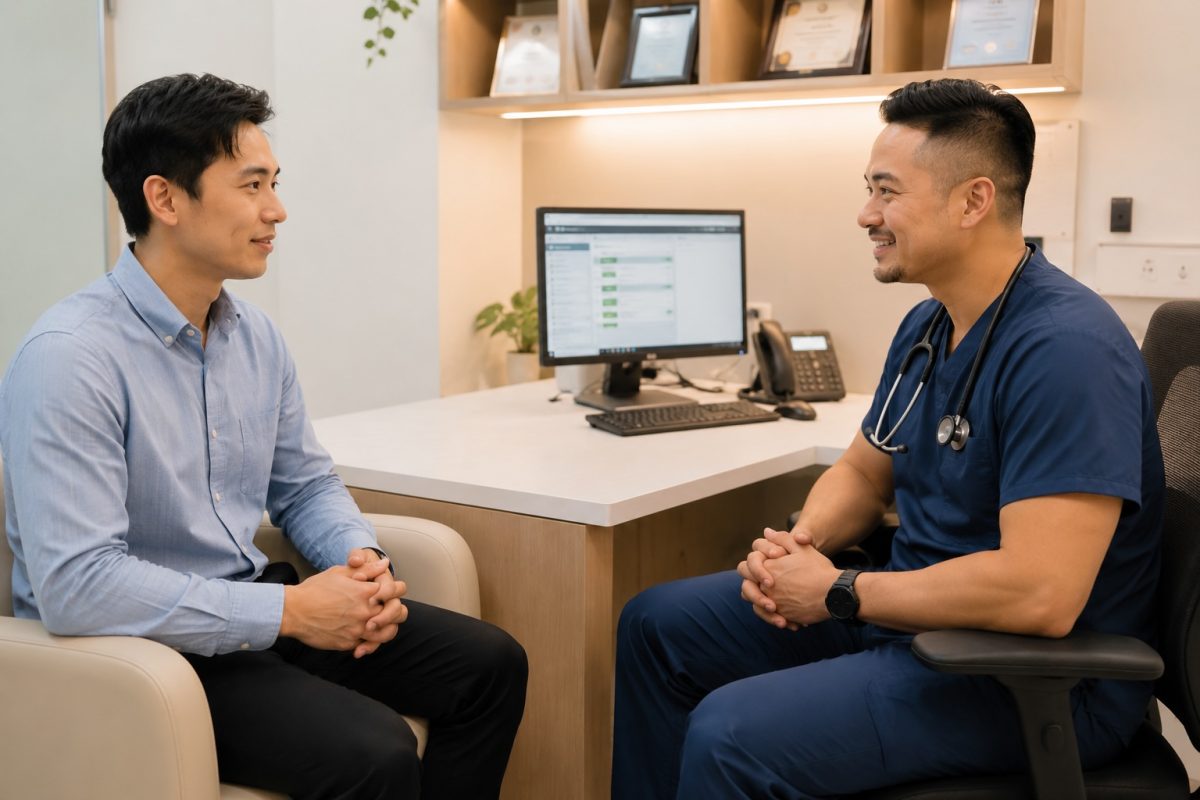 Male patient attending confidential consultation about STD symptoms, testing, and treatment