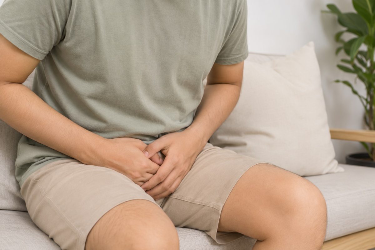 Man sitting on sofa holding lower abdomen due to possible groin, pelvic, or testicular discomfort.