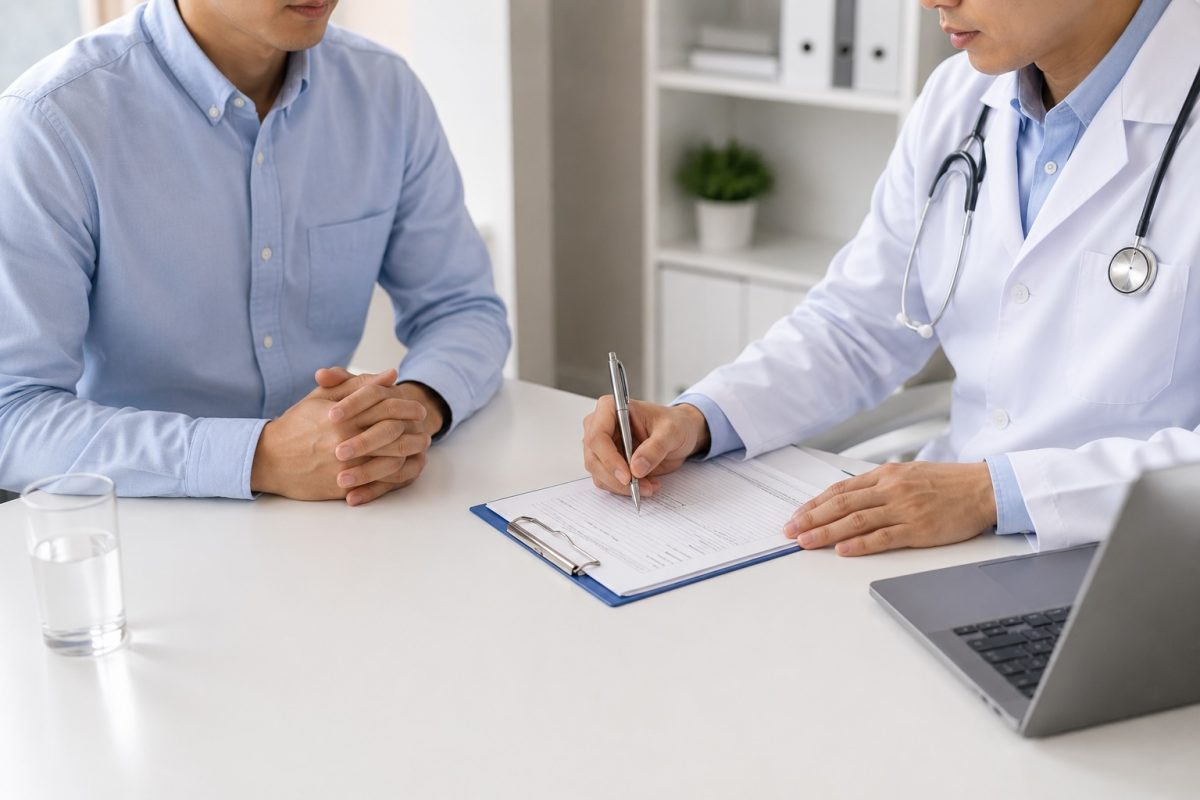 Doctor consulting male patient about testicle pain, sexual health concerns, and medical assessment.