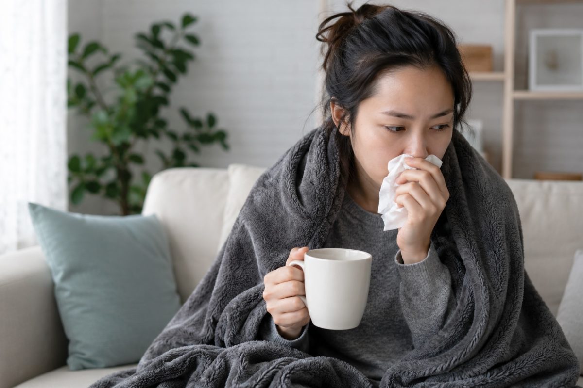 Woman with flu-like symptoms wrapped in a blanket, possible fever or infection-related fatigue