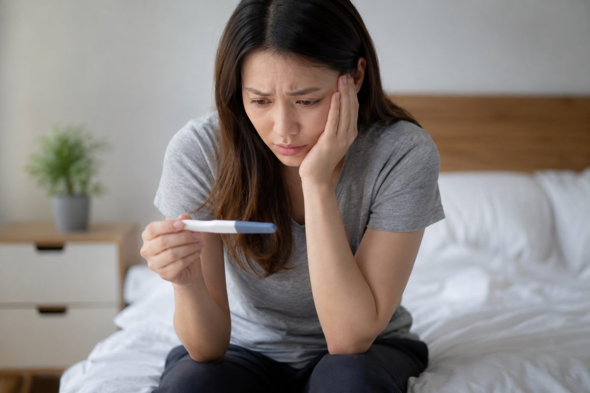 Woman looking worried while checking pregnancy or medical test result at home
