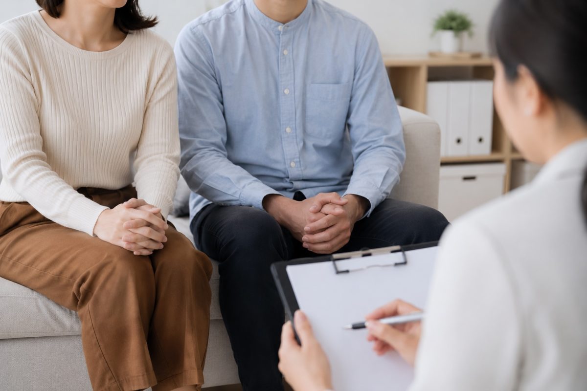 Couple attending a confidential medical consultation for sexual health screening and std assessment