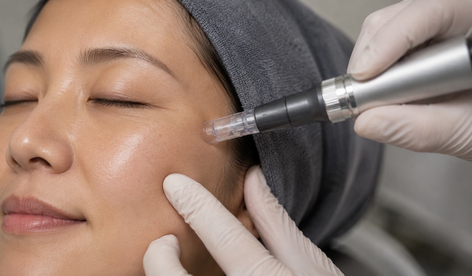 Professional microneedling treatment performed to improve skin texture, enlarged pores, and early acne scarring