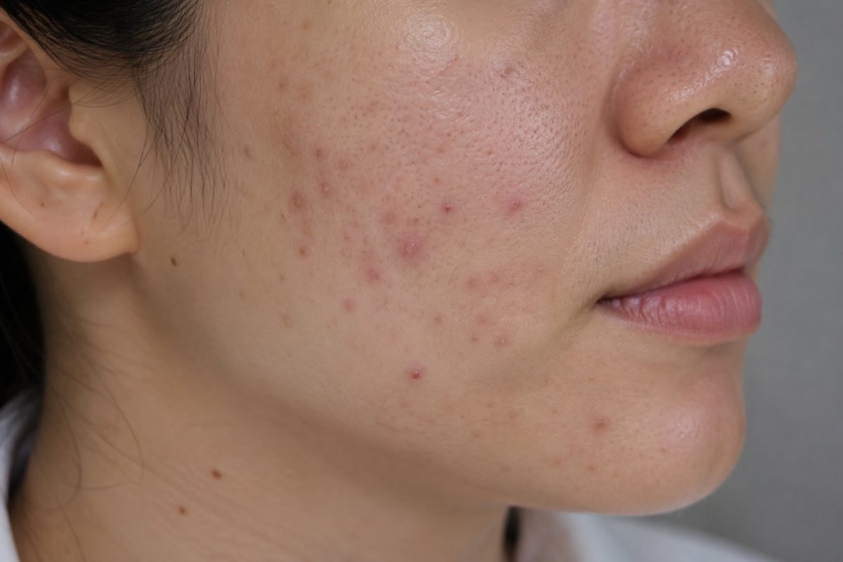 Close-up of mild inflammatory acne and post-acne marks on the cheek with visible enlarged pores and uneven skin texture